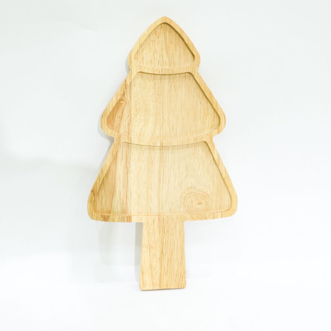 Hand Crafted Solid Rubber Wood Christmas Tree Tray, Holiday Serving Tray and Plate