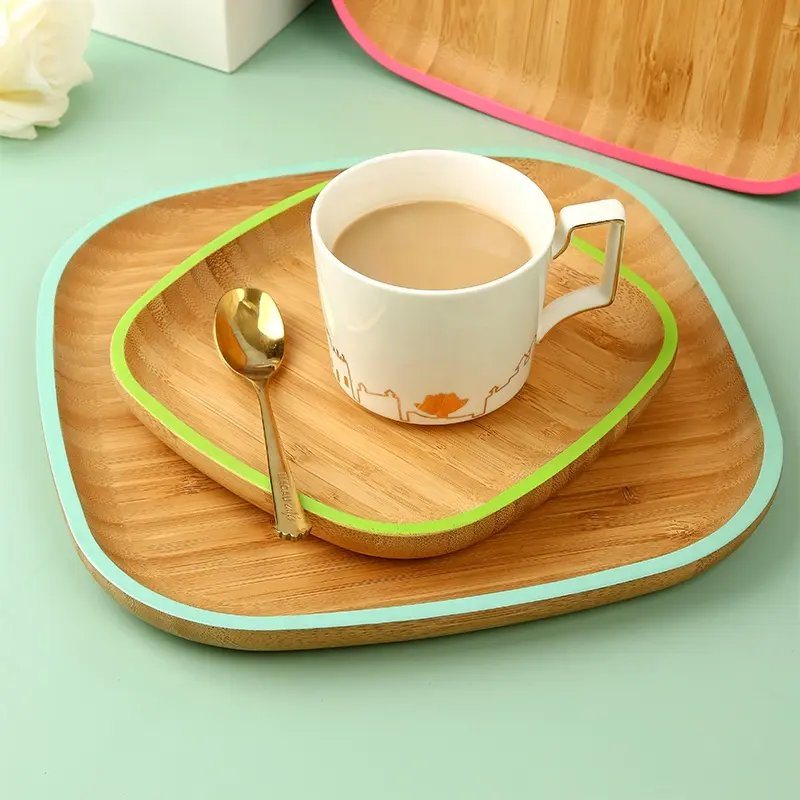Square Bamboo Wooden Serving Tray Plate Dish with Color Edge for Appetizer Snack Nuts Cake and Breakfast