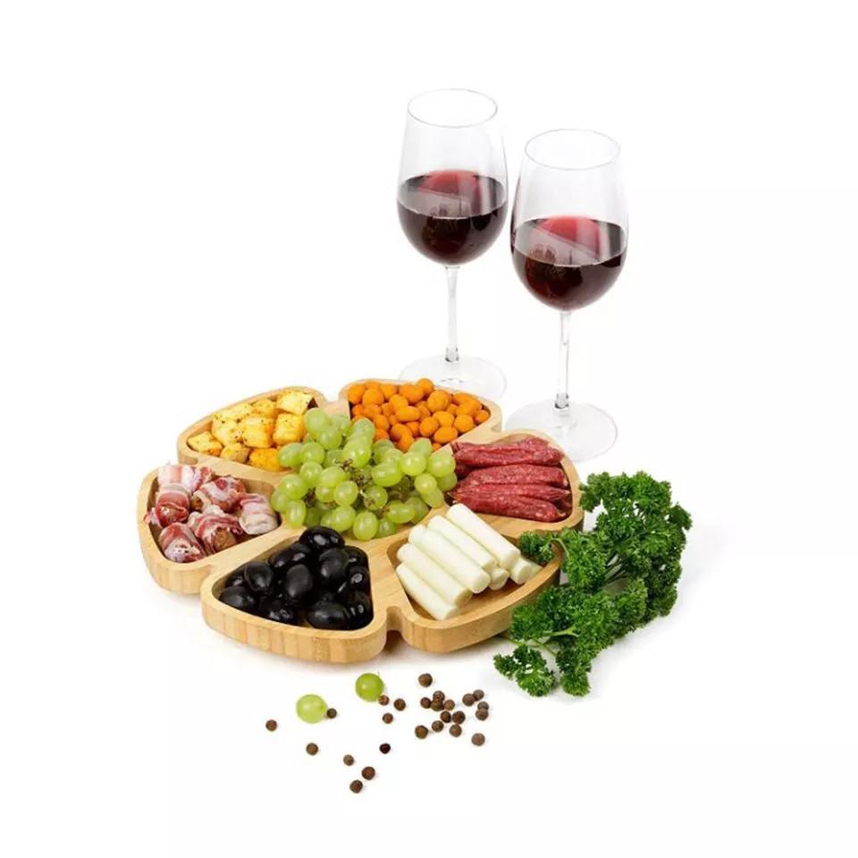 6-Section Flower Shape Round Bamboo Nut Candy Tray Compartment Snack Serving Tray with Dividers