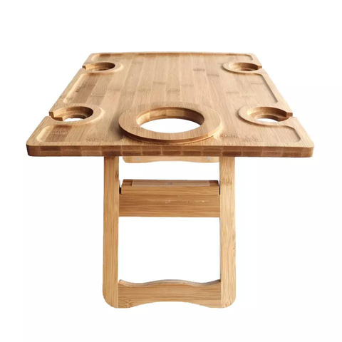 Folding Outdoor Bamboo Wine Table Snacks Cheese Board Wine Picnic Table with Wine and Bottle Holder